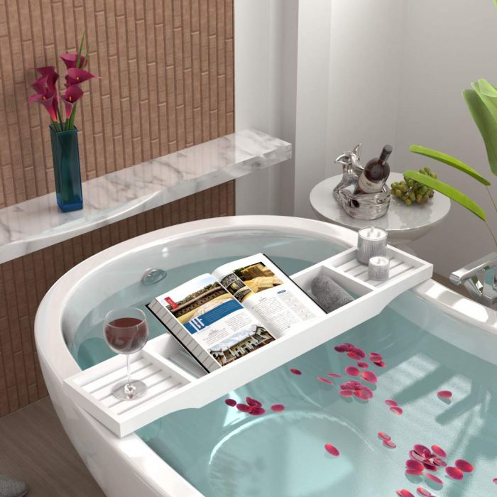 white bamboo bath caddy / bath tub tray