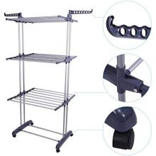 3 Tier Foldable Clothes Airer; Indoor Outdoor Clothes Rack on Wheels